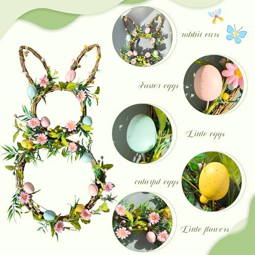 27" Easter Bunny Wreaths for Front Door, Easter Rattan Rabbit Decor with Eggs and Flowers, Spring Wreath with, alternate view