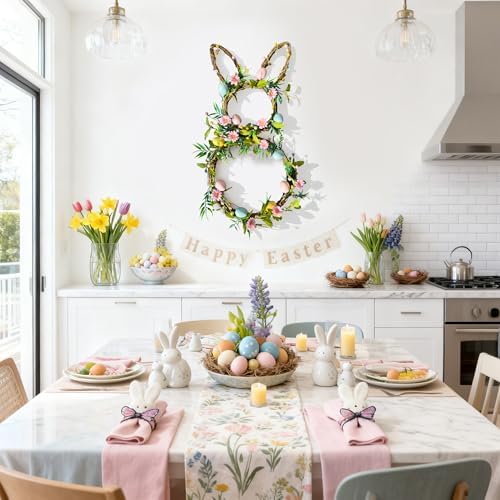 27" Easter Bunny Wreaths for Front Door, Easter Rattan Rabbit Decor with Eggs and Flowers, Spring Wreath with, alternate view