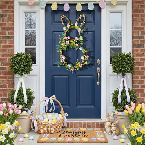 27" Easter Bunny Wreaths for Front Door, Easter Rattan Rabbit Decor with Eggs and Flowers, Spring Wreath with, alternate view