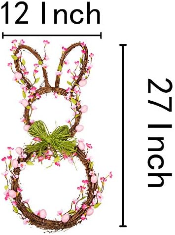 27 Inch Artificial Easter Wreath Spring Wreath for Front Door with Pink Eggs and Flowers Bunny with Green Bow, alternate view