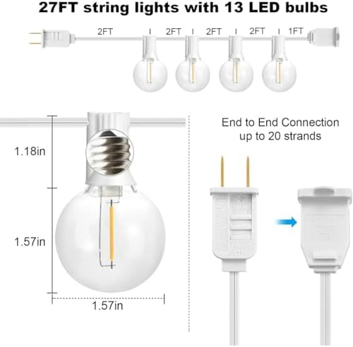 27FT White Outdoor String Lights with 14 G40 LED Bulbs in White, alternate view 2