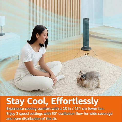28" 60-Degree Oscillating Tower Fan with Powerful Airflow for Bedroom, Living Room, Office, 3 Speeds, Mechanical, alternate