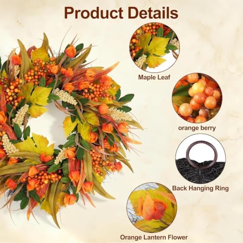 28" Fall Wreath for Front Door Outside Harvest Autumn Wreath in Orange Lantern, alternate view 3