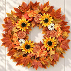 28-Inch Fall Wreath for Front Door, Maple Leaves, Sunflowers and Pumpkins