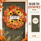 28-Inch Fall Wreath for Front Door, Maple Leaves, Sunflowers and Pumpkins, alternate view 2