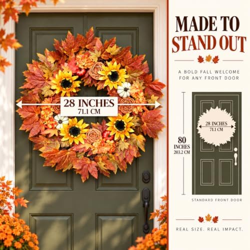 28-Inch Fall Wreath for Front Door, Maple Leaves, Sunflowers and Pumpkins, alternate view 2