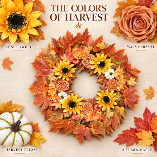 28-Inch Fall Wreath for Front Door, Maple Leaves, Sunflowers and Pumpkins, alternate view 3