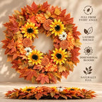 28-Inch Fall Wreath for Front Door, Maple Leaves, Sunflowers and Pumpkins, alternate view 4