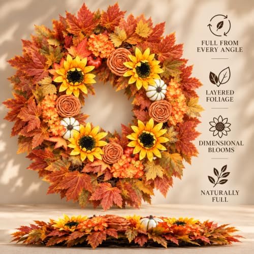 28-Inch Fall Wreath for Front Door, Maple Leaves, Sunflowers and Pumpkins, alternate view 4