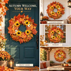 28-Inch Fall Wreath for Front Door, Maple Leaves, Sunflowers and Pumpkins, alternate view 5