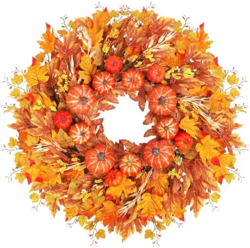 28 Inch Fall Wreath for Front Door, Pumpkins and Maple Leaves