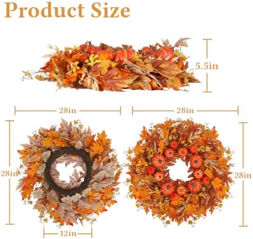 28 Inch Fall Wreath for Front Door, Pumpkins and Maple Leaves, alternate view 2
