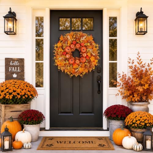 28 Inch Fall Wreath for Front Door, Pumpkins and Maple Leaves, alternate view 3