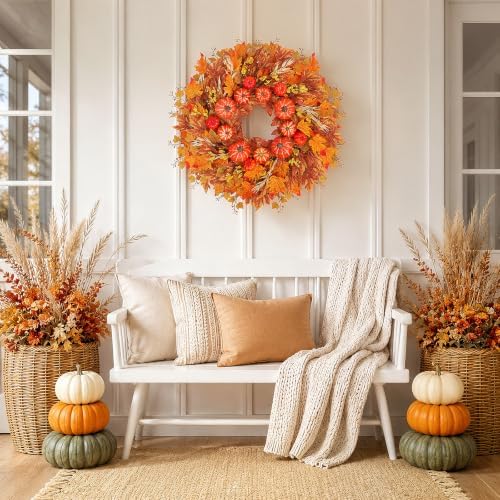 28 Inch Fall Wreath for Front Door, Pumpkins and Maple Leaves, alternate view 5