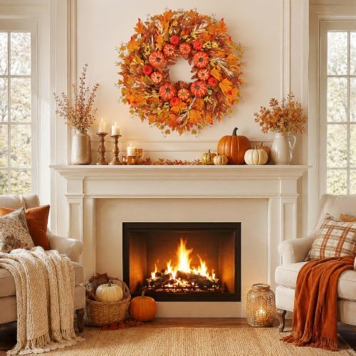 28 Inch Fall Wreath for Front Door, Pumpkins and Maple Leaves, alternate view 6