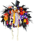 28 Inch Halloween Skeleton Wreath for Front Door with Lights