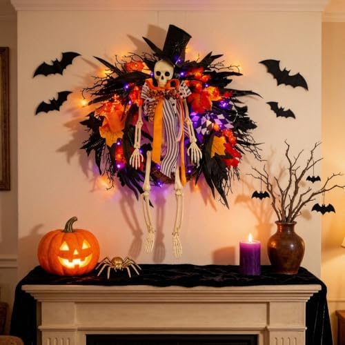 28 Inch Halloween Skeleton Wreath for Front Door with Lights, alternate view 2