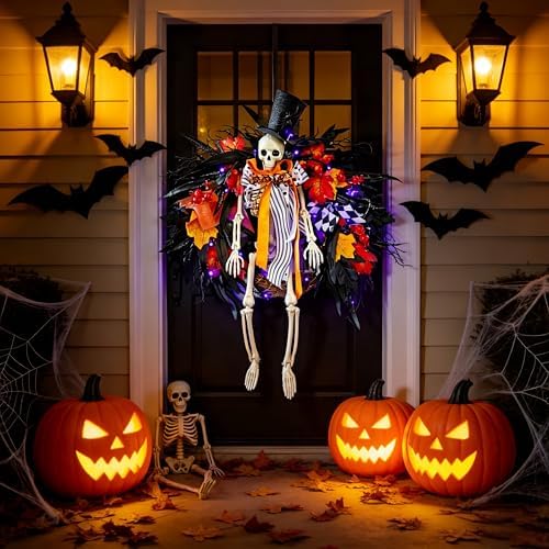 28 Inch Halloween Skeleton Wreath for Front Door with Lights, alternate view 5