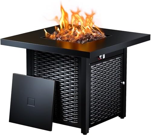 28 Inch Propane Fire Pit CSA-Listed Outdoor Fire Pit Table, 50,000 BTU Steel Gas Fire Pits with Lid and Lava