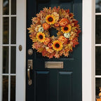 28" Large Artificial Maple Leaves Fall Wreath for Front Door(Orange-Yellow), alternate view 2