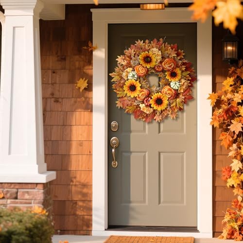 28" Large Artificial Maple Leaves Fall Wreath for Front Door(Orange-Yellow), alternate view 3