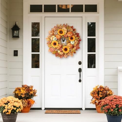 28" Large Artificial Maple Leaves Fall Wreath for Front Door(Orange-Yellow), alternate view 4