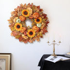 28" Large Artificial Maple Leaves Fall Wreath for Front Door(Orange-Yellow), alternate view 5