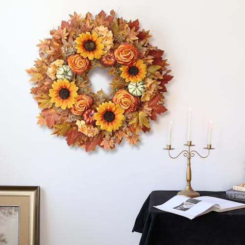 28" Large Artificial Maple Leaves Fall Wreath for Front Door(Orange-Yellow), alternate view 5