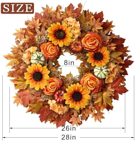 28" Large Artificial Maple Leaves Fall Wreath for Front Door(Orange-Yellow), alternate view 6