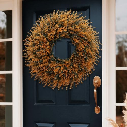 28" Large Fall Boxwood Wreaths for Front Door Decoration(Orange) in Orange, alternate view 6