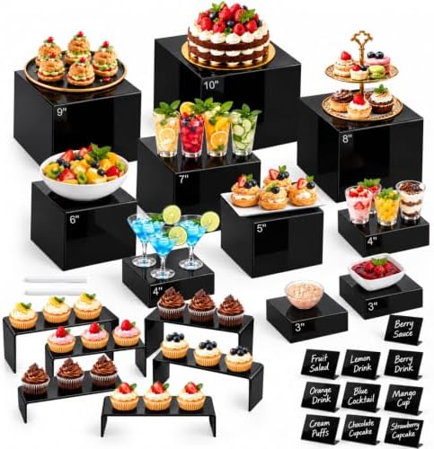 28 Pcs Display Risers with Buffet Riser Tiered Display Stand, Black in Black