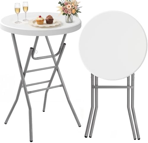 28" Round Cocktail Table, Folding Bar Height Table with Removable Legs, 43.3" Tall Portable Plastic Bistro High