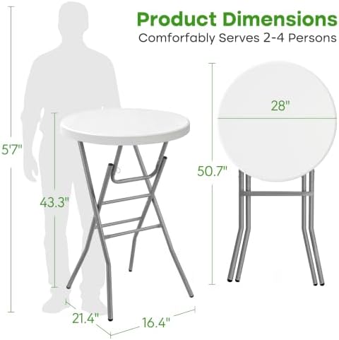28" Round Cocktail Table, Folding Bar Height Table with Removable Legs, 43.3" Tall Portable Plastic Bistro High, alternate