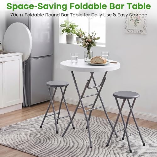 28" Round Cocktail Table, Folding Bar Height Table with Removable Legs, 43.3" Tall Portable Plastic Bistro High, alternate
