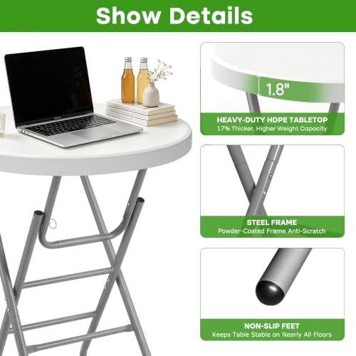 28" Round Cocktail Table, Folding Bar Height Table with Removable Legs, 43.3" Tall Portable Plastic Bistro High, alternate