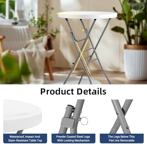 28in Cocktail Folding Table, Round High Top Bar Height White Table, alternate view 4