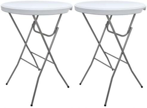 28in Folding Cocktail Table, Plastic Round Bar Height Table, White 2-Pack | Foldable with Removable Metal