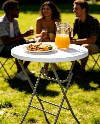 28in Folding Cocktail Table, Plastic Round Bar Height Table, White 2-Pack | Foldable with Removable Metal, alternate view 2