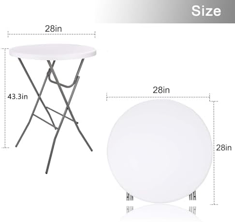 28in Folding Cocktail Table, Plastic Round Bar Height Table, White 2-Pack | Foldable with Removable Metal, alternate view 3