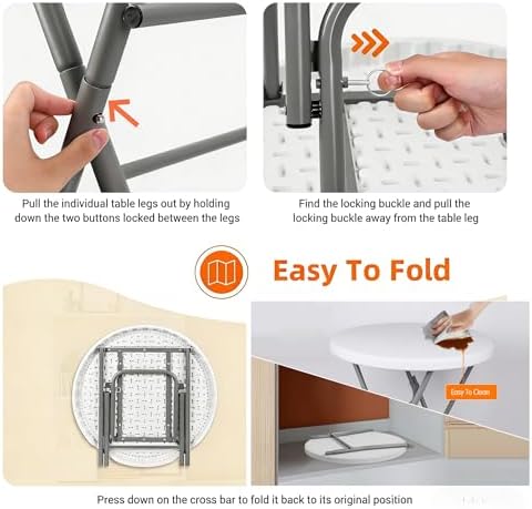 28in Folding Cocktail Table, Plastic Round Bar Height Table, White 2-Pack | Foldable with Removable Metal, alternate view 5