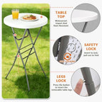 28in Folding Cocktail Table, Plastic Round Bar Height Table, White 2-Pack | Foldable with Removable Metal, alternate view 6