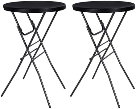 28in Folding Cocktail Table, Round Bar Height Table, Black 2-Pack