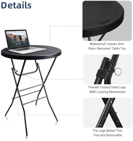 28in Folding Cocktail Table, Round Bar Height Table, Black 2-Pack, alternate view 4
