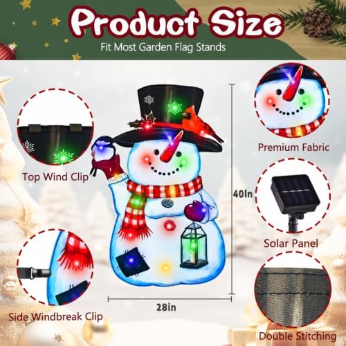 28x40 Lighted Christmas Snowman Garden Flag, 8 Modes Solar LED, alternate view 2