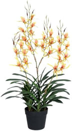 29.5" Artificial Dendrobium Orchid with Black Pot, Orange-Yellow Faux Orchid, Artificial Flowers for Sunroom