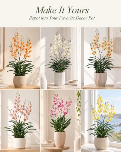 29.5" Artificial Dendrobium Orchid with Black Pot, Orange-Yellow Faux Orchid, Artificial Flowers for Sunroom, alternate view