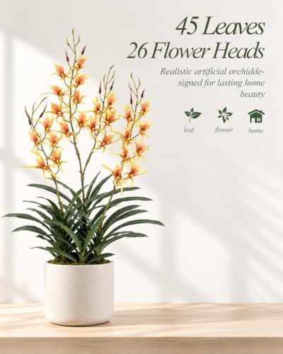 29.5" Artificial Dendrobium Orchid with Black Pot, Orange-Yellow Faux Orchid, Artificial Flowers for Sunroom, alternate view