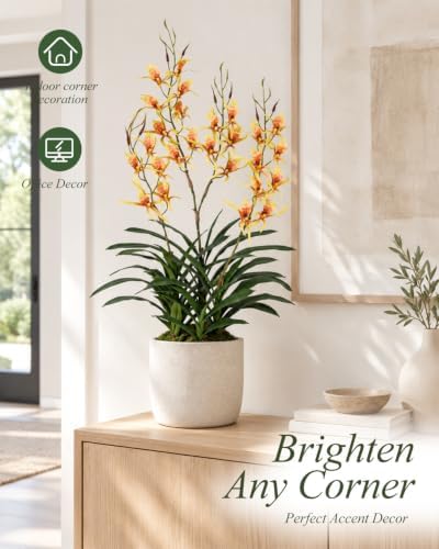 29.5" Artificial Dendrobium Orchid with Black Pot, Orange-Yellow Faux Orchid, Artificial Flowers for Sunroom, alternate view