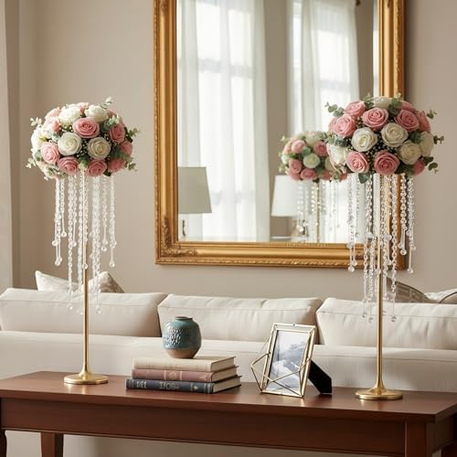 29.5in Gold Wedding Centerpieces for Table, 2Pcs Tall Vases Wedding Centerpieces with Sparkling Crystal Beads, alternate view