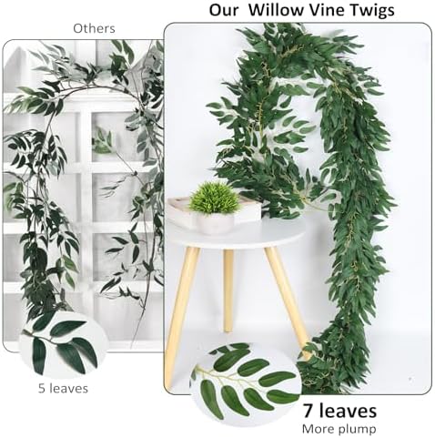 2P Artificial Willow Leaves Vine Twig 6.2Ft Thick Silk Leaf Garland, alternate view 6